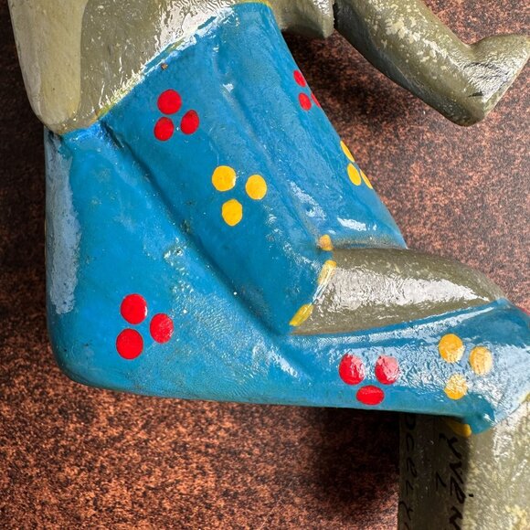 Hand Carved & Painted Wooden Shelf Sitter Elephant Figurine Signed By Artist 5.5 - Picture 7 of 12